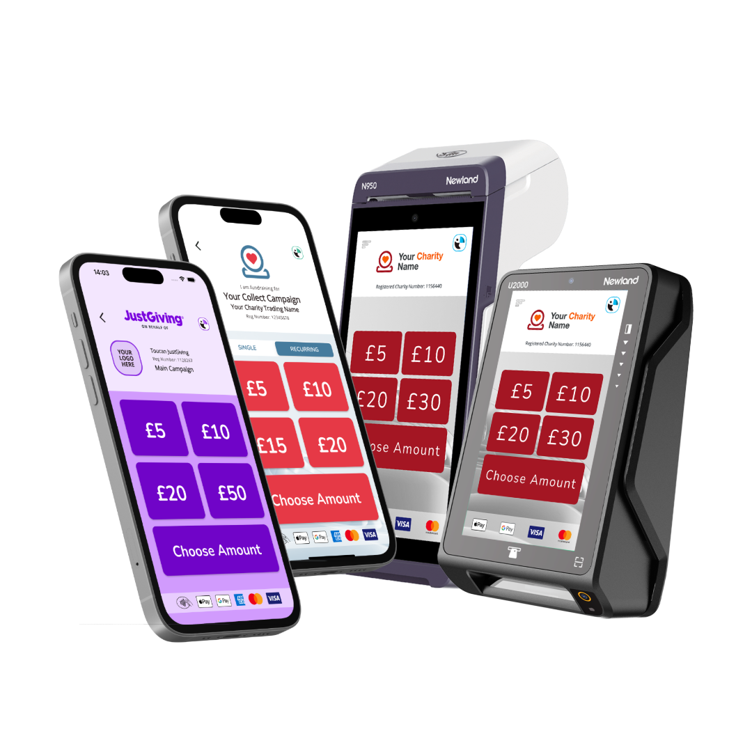 Toucan JustGiving and Toucan Collect apps alongside attended and unattended Toucan Tap donation terminals