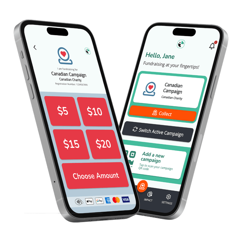 The Toucan Collect app showing a Canadian campaign donation screen and the fundraiser home screen