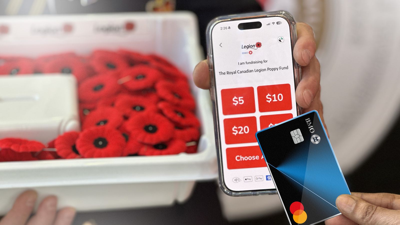 A contactless card donation to The Royal Canadian Legion Poppy Fund being taken on a smartphone with Toucan Collect